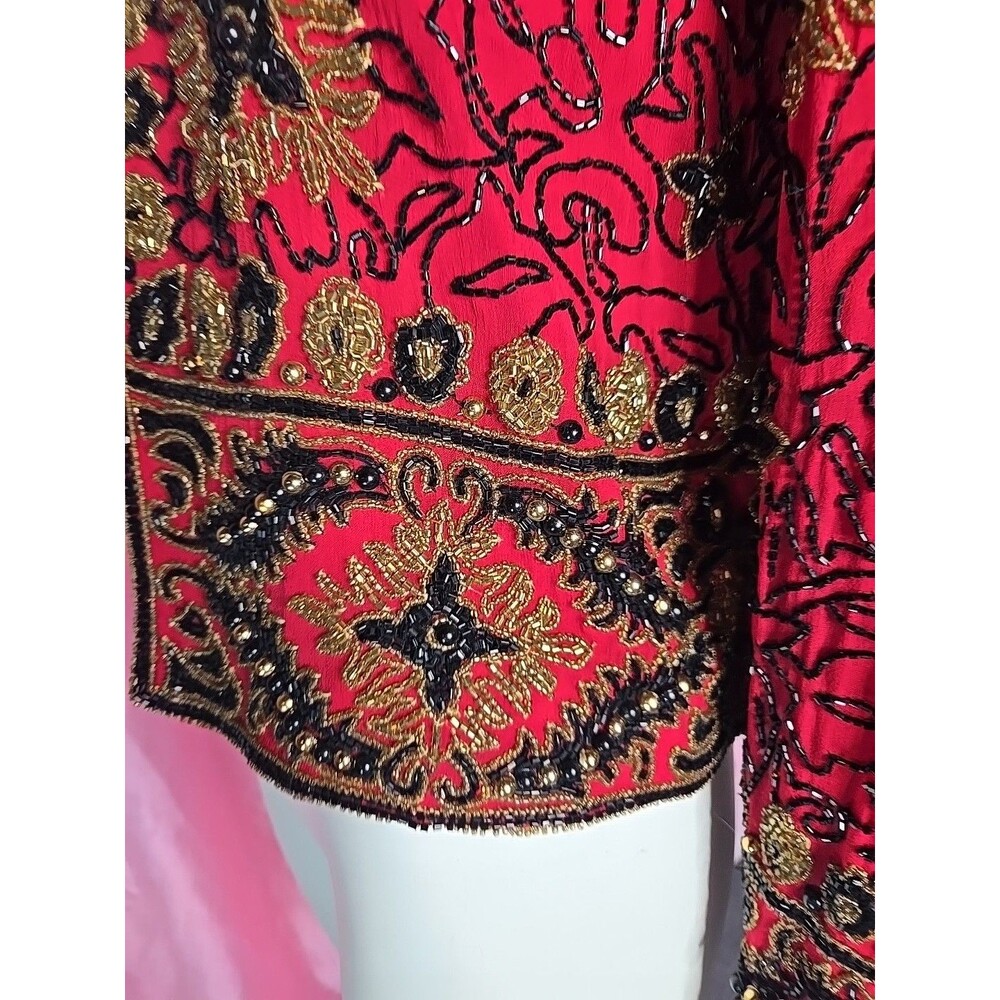 Vintage Adrianna Papell Red Silk Exquisite Beaded Evening Jacket Size 8 - Picture 7 of 16